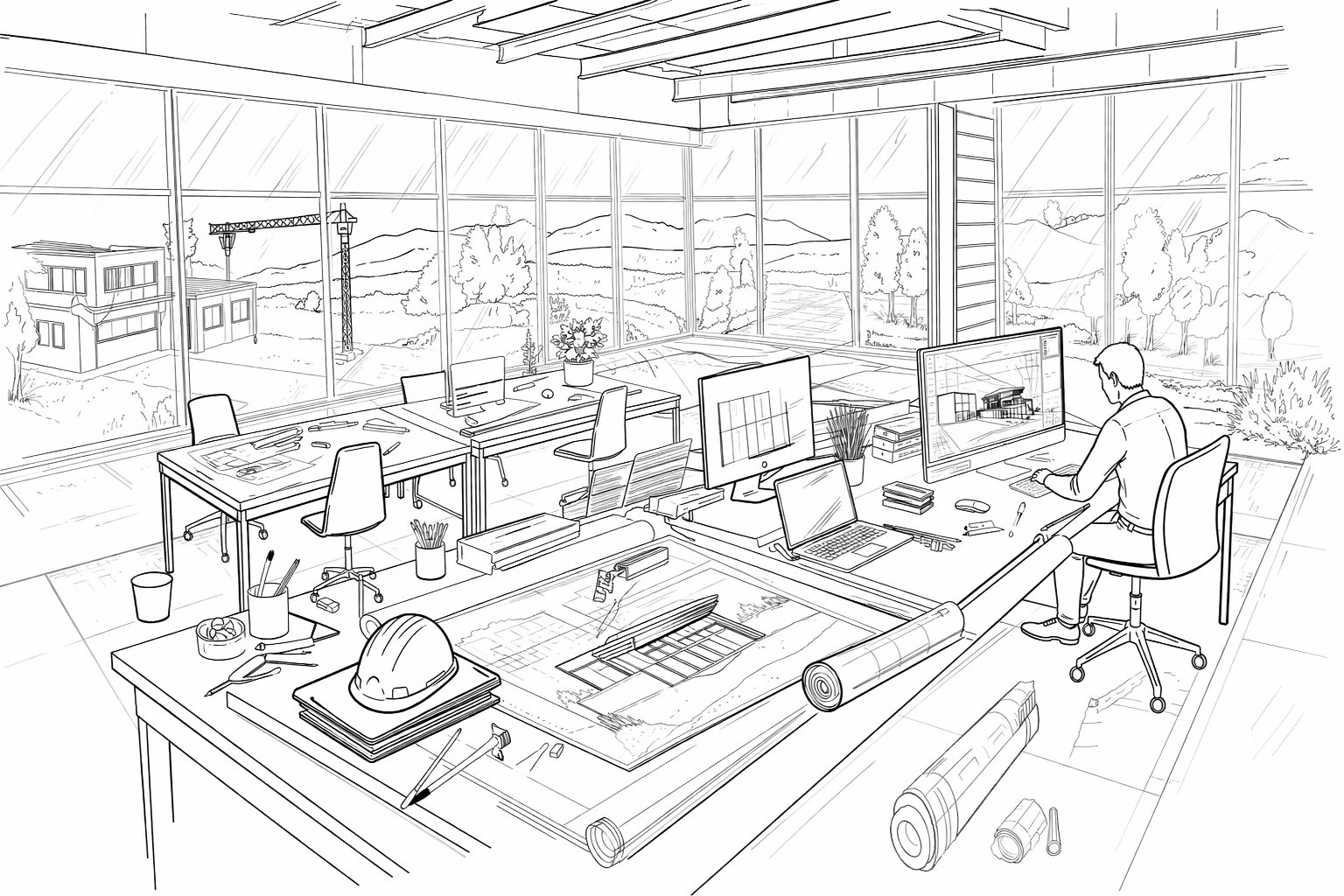 Bureau d’ingénieur civil avec plans et poste de travail